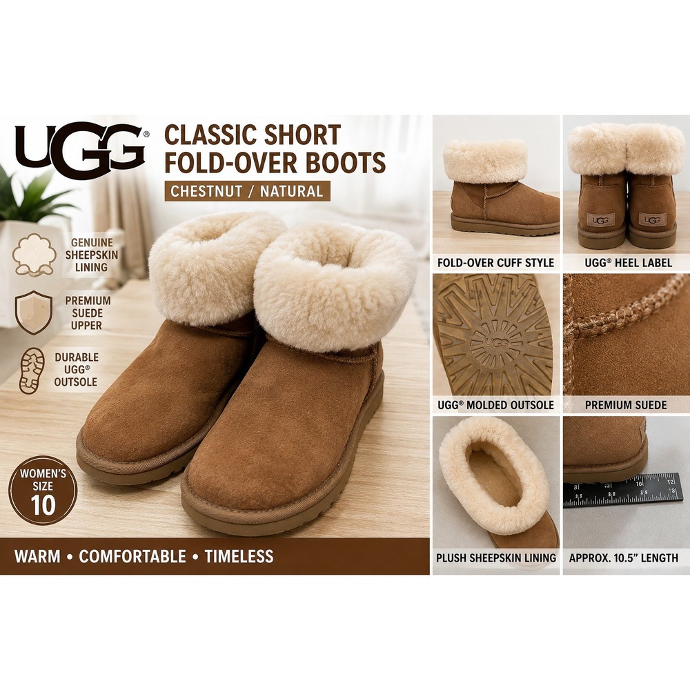 UGG Classic Short Fold-Over Boots Chestnut Suede Sheepskin Lining Womens 10